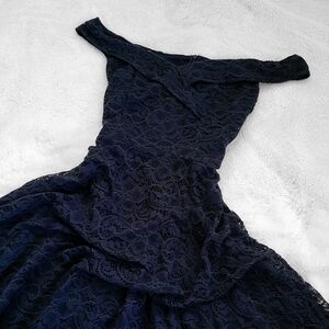 lace navy dip-hem midi dress
